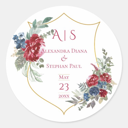 Floral Magenta Crest Monogram Weddenschap Ronde Sticker (Voorkant)