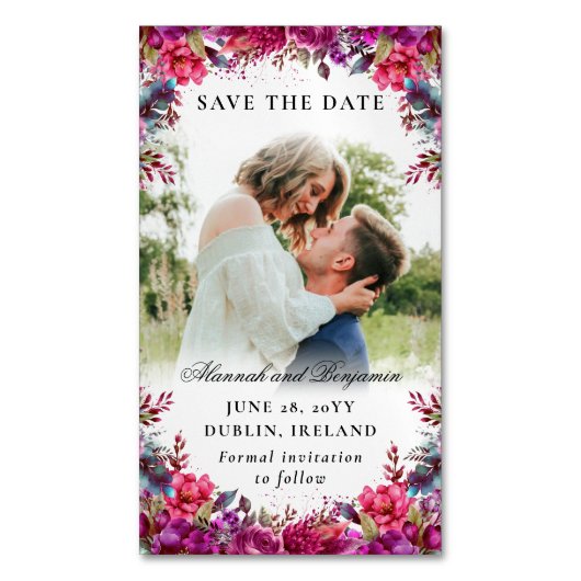 Floral Magenta Photo Budget Save the Date Magneten (Voorkant Verticaal)