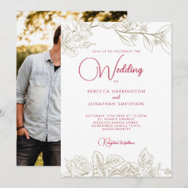 Floral Magenta Pink Gold Foto Weddenschap Kaart