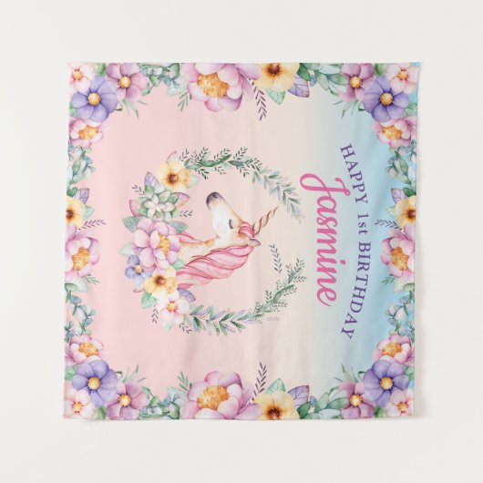 Floral Magical Unicorn Backdrop & Tapestry Wandkleed (Voorkant (horizontaal))