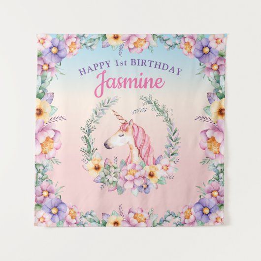 Floral Magical Unicorn Backdrop & Tapestry  Wandkleed (Voorkant)