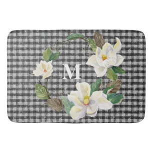 Floral Magnolia Black and White Check w Monogram Badmat