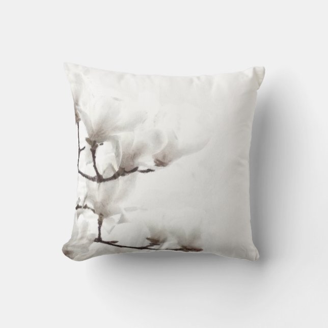 Floral Magnolia Black & White Waterverf Kussen (Voorkant)