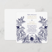 Floral Magnolia krans | Blauw & Goud | Bruiloft Kaart (Voorkant / Achterkant)