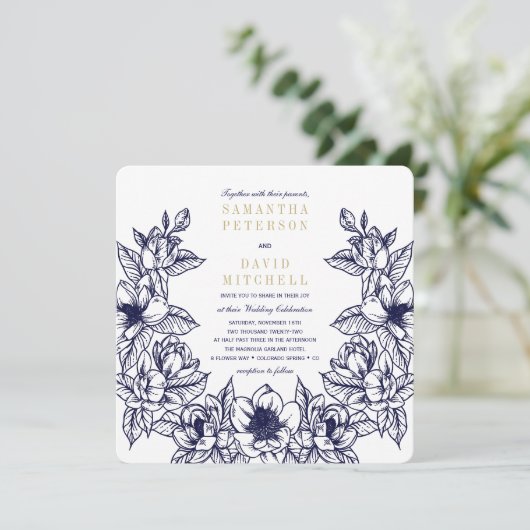 Floral Magnolia krans | Blauw & Goud | Bruiloft Kaart (Staand voorkant)