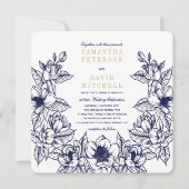 Floral Magnolia krans | Blauw & Goud | Bruiloft Kaart (Voorkant)