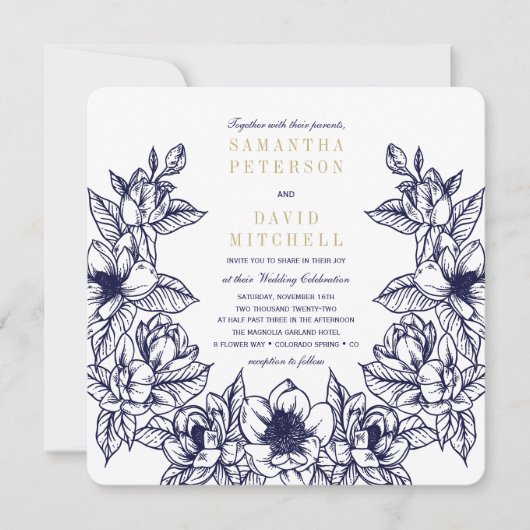 Floral Magnolia krans | Blauw & Goud | Bruiloft Kaart (Voorkant)