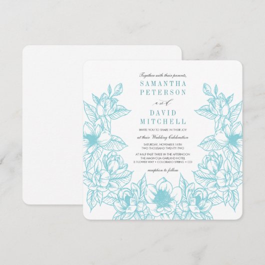 Floral Magnolia krans | Bleek blauw | Bruiloft Kaart (Voorkant / Achterkant)