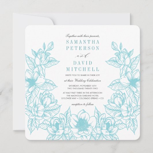 Floral Magnolia krans | Bleek blauw | Bruiloft Kaart (Voorkant)