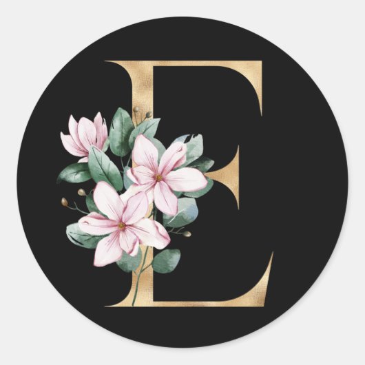 Floral magnolia monogram in gouden letter E Ronde Sticker (Voorkant)