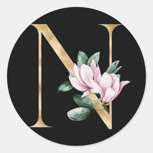 Floral magnolia monogram in gouden letter N Ronde Sticker (Voorkant)