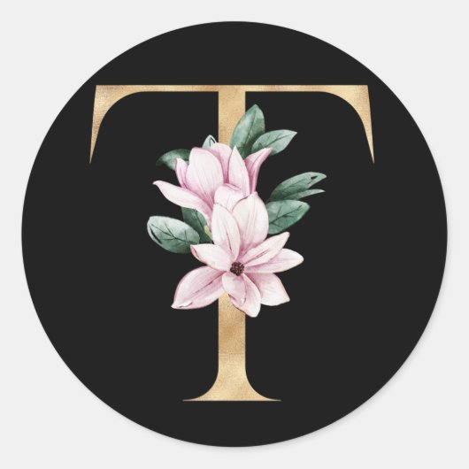 Floral magnolia monogram in gouden letter T Ronde Sticker (Voorkant)
