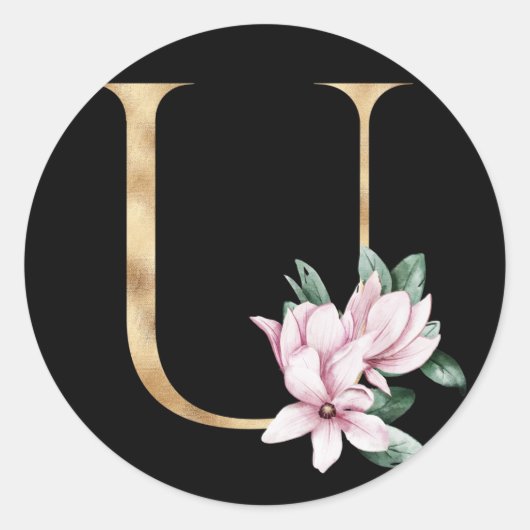 Floral magnolia monogram in goudletter U Ronde Sticker (Voorkant)