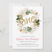 Floral Magnolia Pink en Gold 1e verjaardag Kaart (Voorkant)