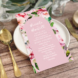 Floral Magnolia Pioen Roze Bruiloft Menu<br><div class="desc">Waterverf roze magnolia pioen bloemontwerp met roze boog en witte tekst.</div>