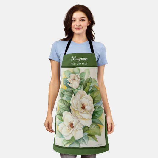 Floral Magnolia voegt naam groene Waterverf toe Schort (Gedragen)