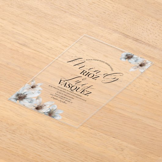 Floral Magnolia Waterverf Trouwscript Zwart Acryl Uitnodigingen (Laagn)