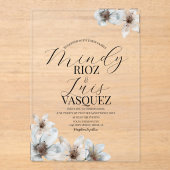 Floral Magnolia Waterverf Trouwscript Zwart Acryl Uitnodigingen (Voorkant)