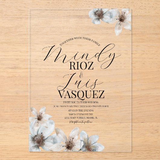 Floral Magnolia Waterverf Trouwscript Zwart Acryl Uitnodigingen (Voorkant)