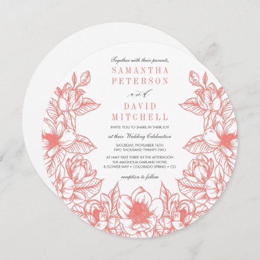 Floral Magnolia Wreath | Koraal | Weddenschap Kaart (Voorkant / Achterkant)