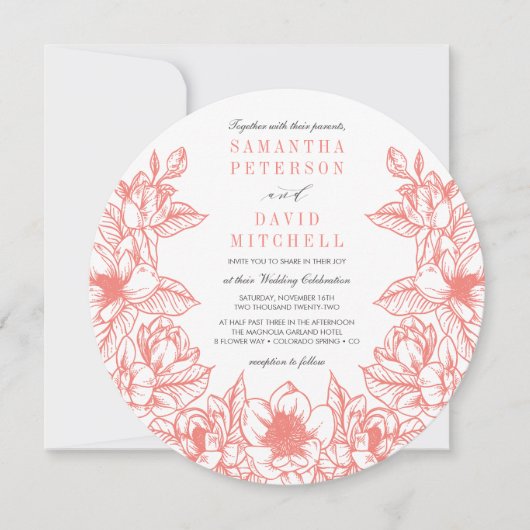 Floral Magnolia Wreath | Koraal | Weddenschap Kaart (Voorkant)