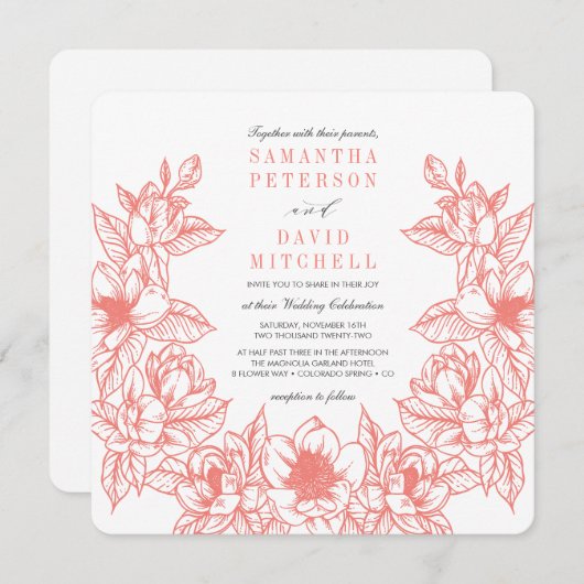 Floral Magnolia Wreath | Koraal | Weddenschap Kaart (Voorkant / Achterkant)
