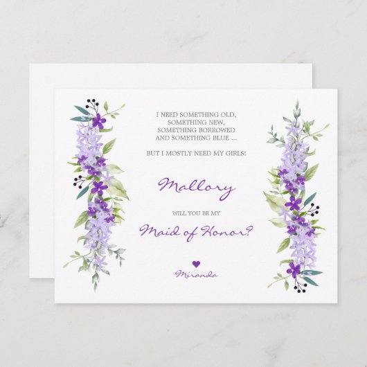 Floral maid of Honor Proposal in Lillac Shades Uitnodiging Briefkaart (Voorkant / Achterkant)