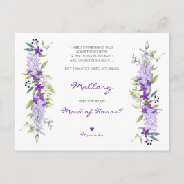 Floral maid of Honor Proposal in Lillac Shades Uitnodiging Briefkaart