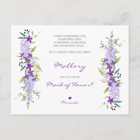 Floral maid of Honor Proposal in Lillac Shades Uitnodiging Briefkaart (Voorkant)
