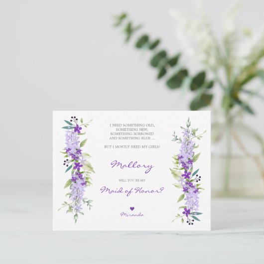 Floral maid of Honor Proposal in Lillac Shades Uitnodiging Briefkaart (Staand voorkant)