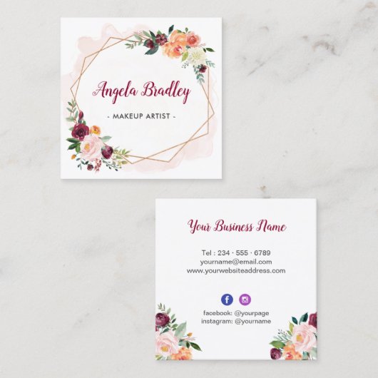 Floral Makeup Artist moderne witte Waterverf Vierkante Visitekaartje (Voorkant / Achterkant)
