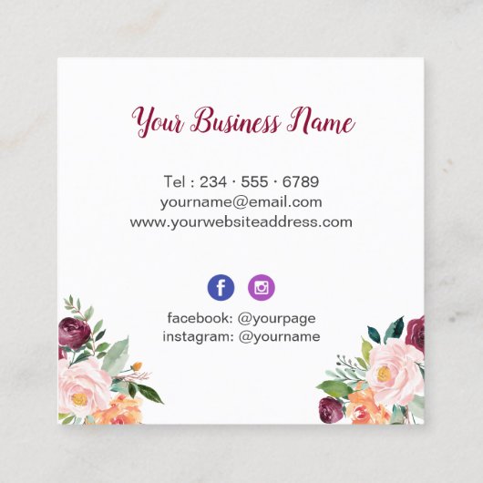 Floral Makeup Artist moderne witte Waterverf Vierkante Visitekaartje (Achterkant)