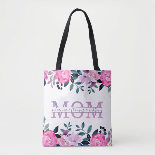 Floral mam gesplitst monogram met kinder namen tote bag (Voorkant)