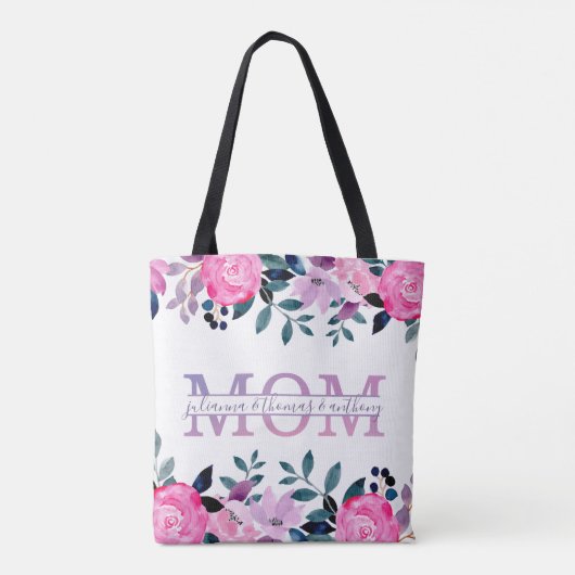 Floral mam gesplitst monogram met kinder namen tote bag (Achterkant)