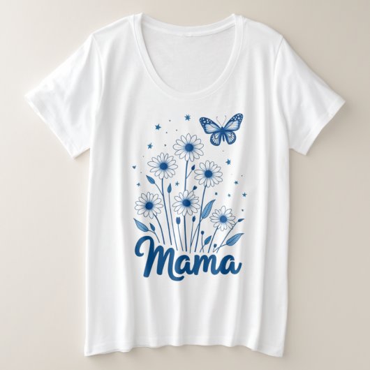 Floral Mama Script met Blauwe Vlinder Grote Maat T-shirt (Design voorkant)