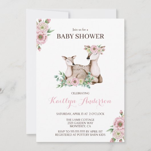 Floral mammie en Baby Deer Baby shower Invitation Kaart (Voorkant)