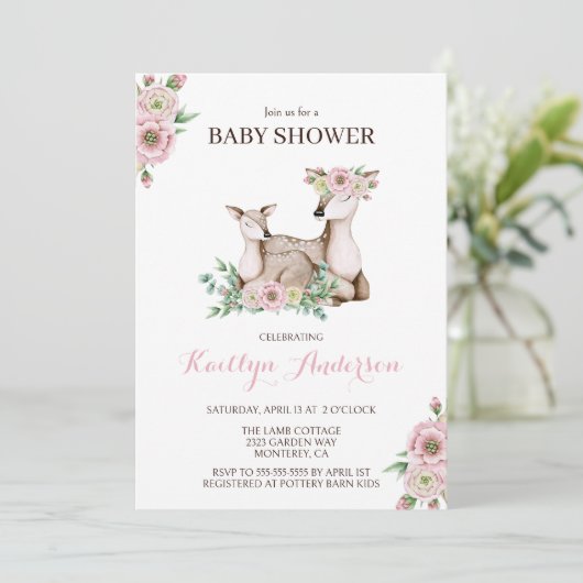 Floral mammie en Baby Deer Baby shower Invitation Kaart (Staand voorkant)