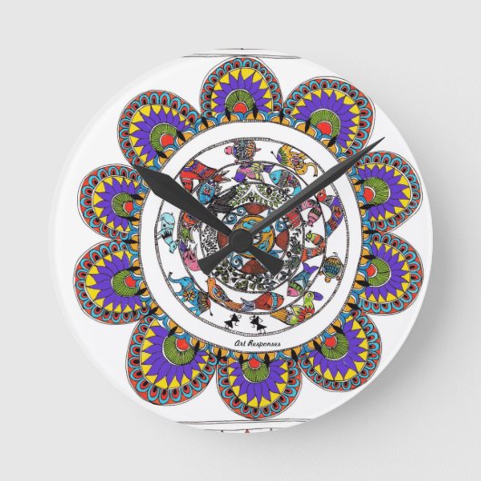 Floral mandal in Madhubani-stijl Ronde Klok (Voorkant)