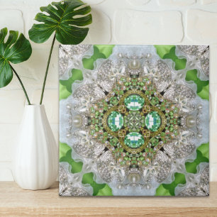 Floral mandala bling emerald groene neushoorn tegeltje