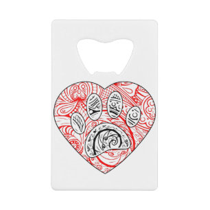 Floral Mandala Dog Paw Print Red Heart Creditkaart Flessenopener