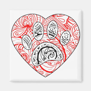 Floral Mandala Dog Paw Print Red Heart Magneet
