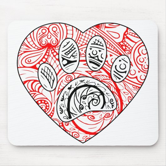 Floral Mandala Dog Paw Print Red Heart Muismat (Voorkant)