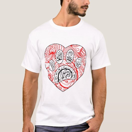 Floral Mandala Dog Paw Print Red Heart T-shirt (Voorkant)