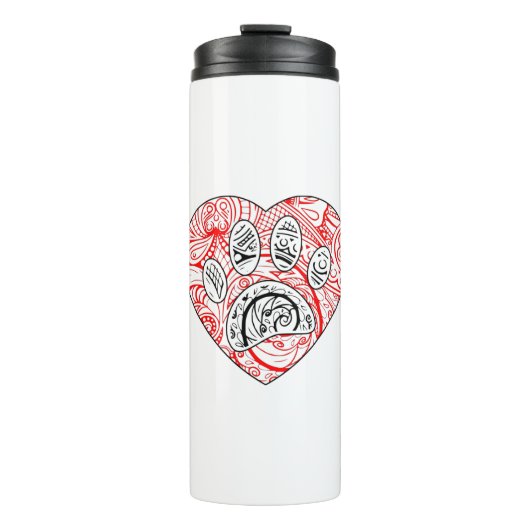 Floral Mandala Dog Paw Print Red Heart Thermosbeker (Voorkant)