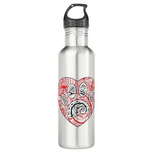 Floral Mandala Dog Paw Print Red Heart Waterfles (Voorkant)