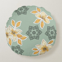Floral Mandala Elegance: Green Cushion Design Rond Kussen