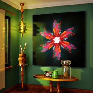Floral Mandala Flowers Oranje Red Blue Abstract Canvas Afdruk