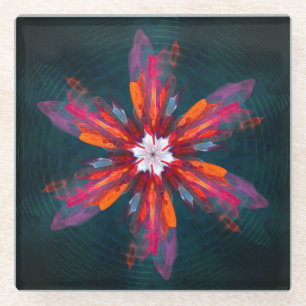 Floral Mandala Flowers Oranje Red Blue Abstract Glazen Onderzetter