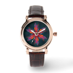 Floral Mandala Flowers Oranje Red Blue Abstract Horloge