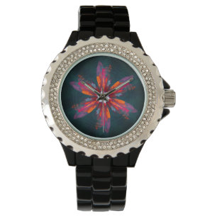 Floral Mandala Flowers Oranje Red Blue Abstract Horloge